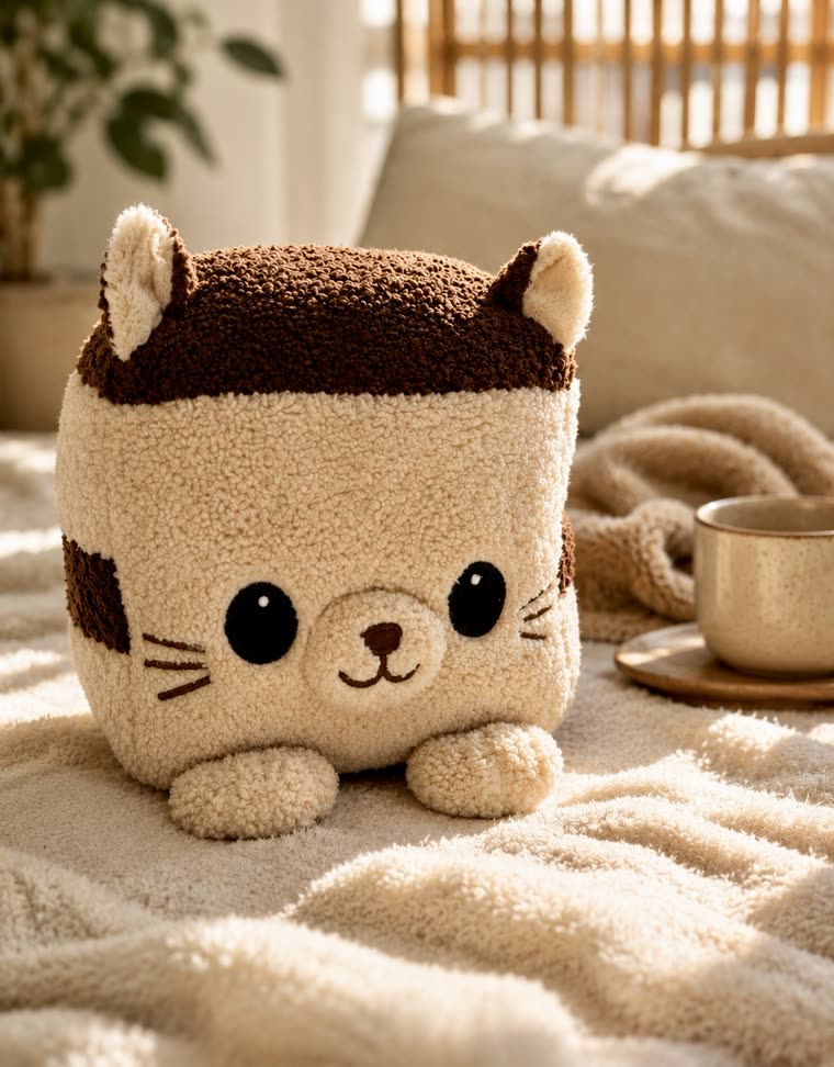 Tira-Misu plush on a soft blanket, next to a cup of coffee